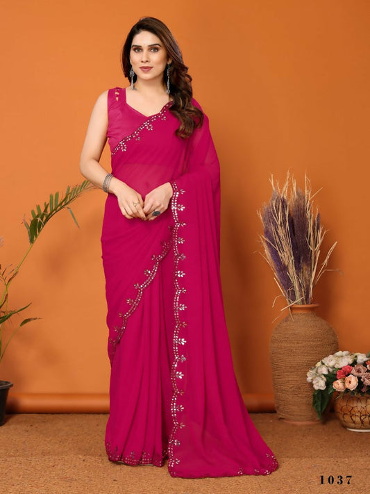 Partywear Designer Pink Georgette Fancy Saree - Starwalk