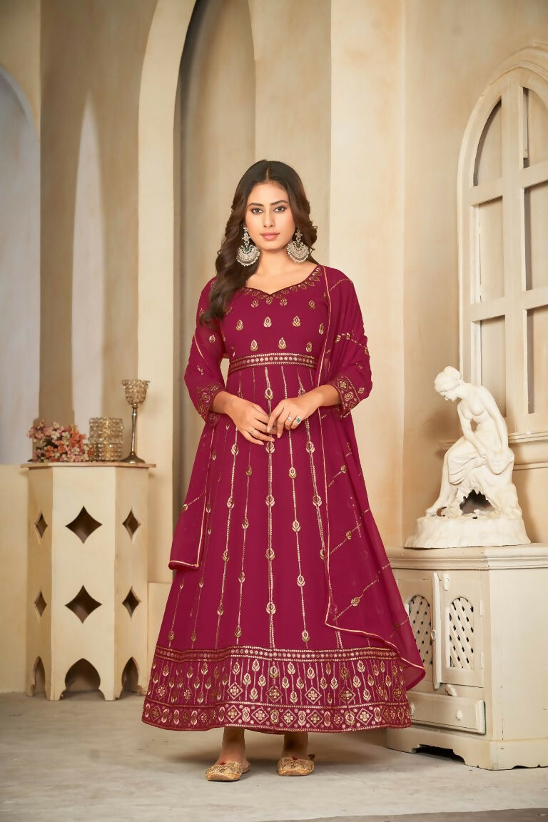 Jyoti Fashion Women's Rani Pink Georgette Embroidered Anarkali Kurta Pant Set With Dupatta