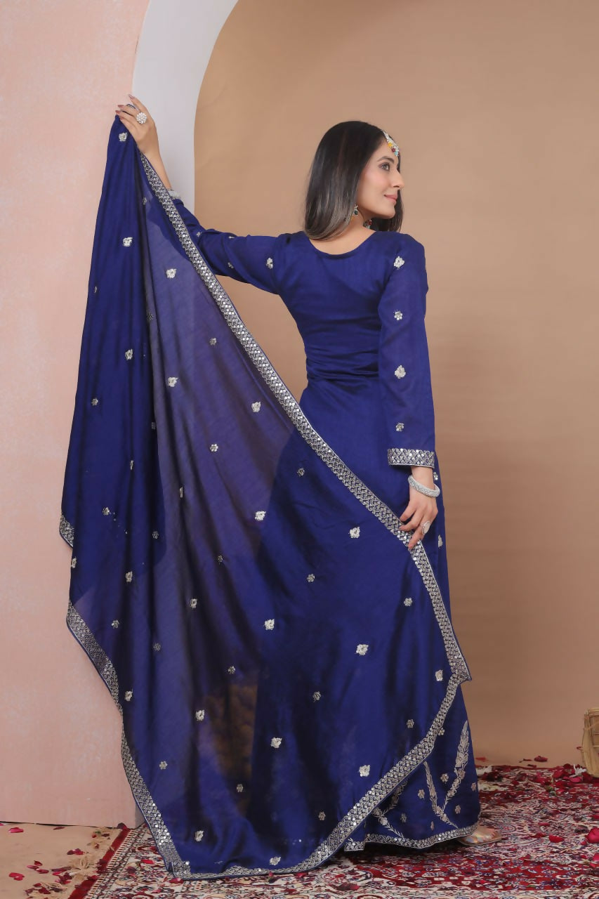 Teeya Creation Blue Color Vichitra Silk Embroidery Work Wedding Wear Palazzo Set