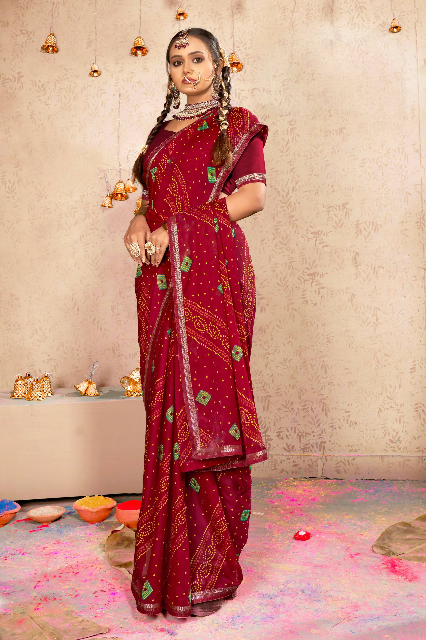 Maroon Georgette Bandhni Printed Saree With Unstitched Blouse Piece - Shanaya
