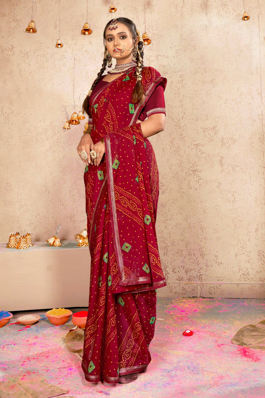 Maroon Georgette Bandhni Printed Saree With Unstitched Blouse Piece - Shanaya