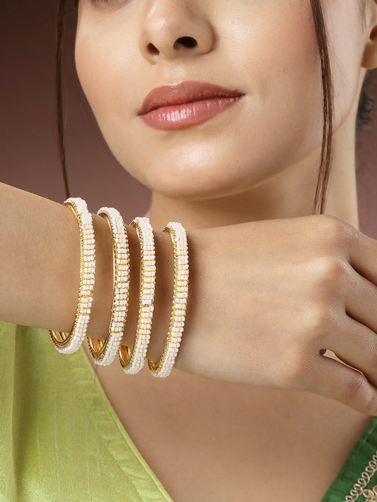 NVR Women's Set of 4 Gold-Plated Pearl Handcrafted Traditional Bangles - Grab2buy