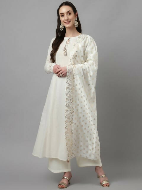 FIORRA Women's White Pure Cotton Flared Kurta Palazzo Set With Dupatta 