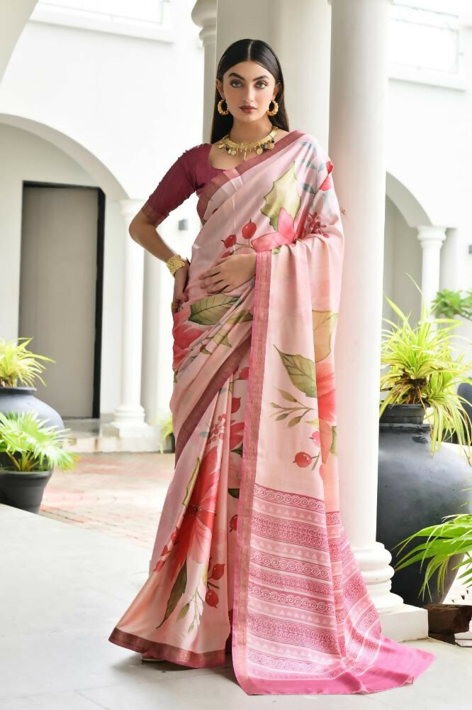 Vishnu Weaves Women's Pink Satin Silk Printed Saree with Blouse | Grab2Buy
