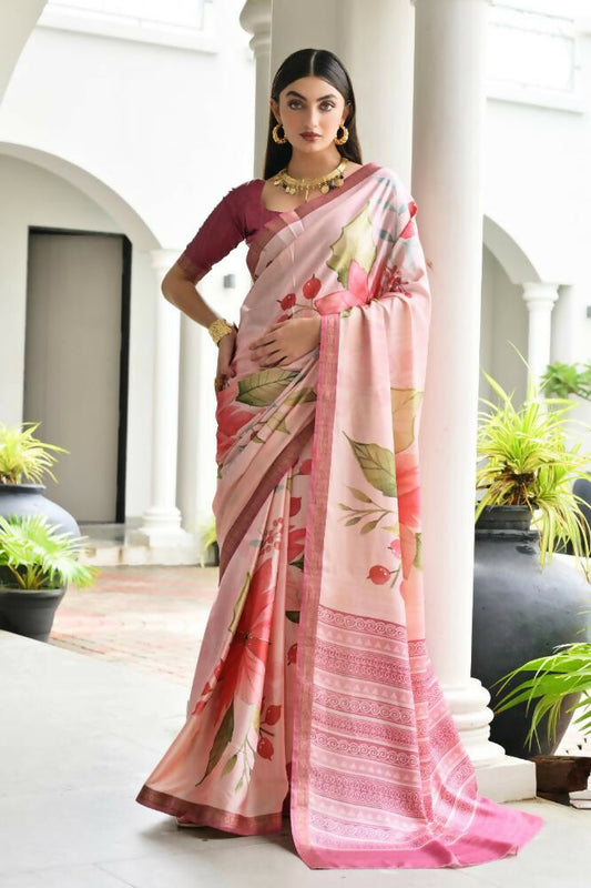 Vishnu Weaves Women's Pink Satin Silk Printed Saree with Blouse