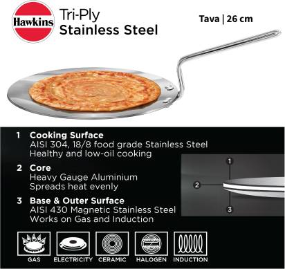 Hawkins TriPly Tawa 26 cm Diameter (Stainless Steel, Induction Bottom) - Grab2buy