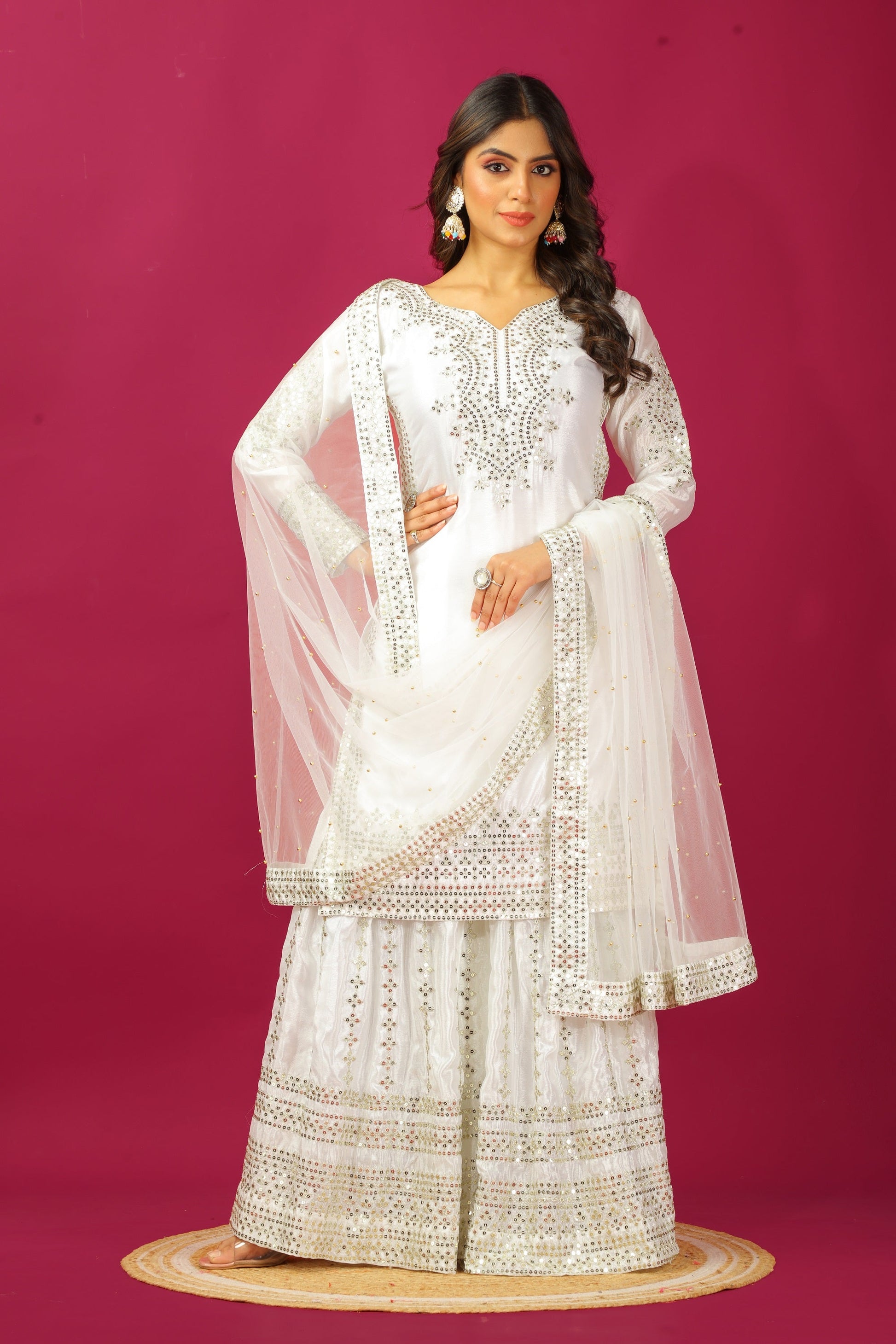 Teeya Creation Wine Color Chinnon Silk Heavy Embroidery Work Fully Stitched Sharara Suit
