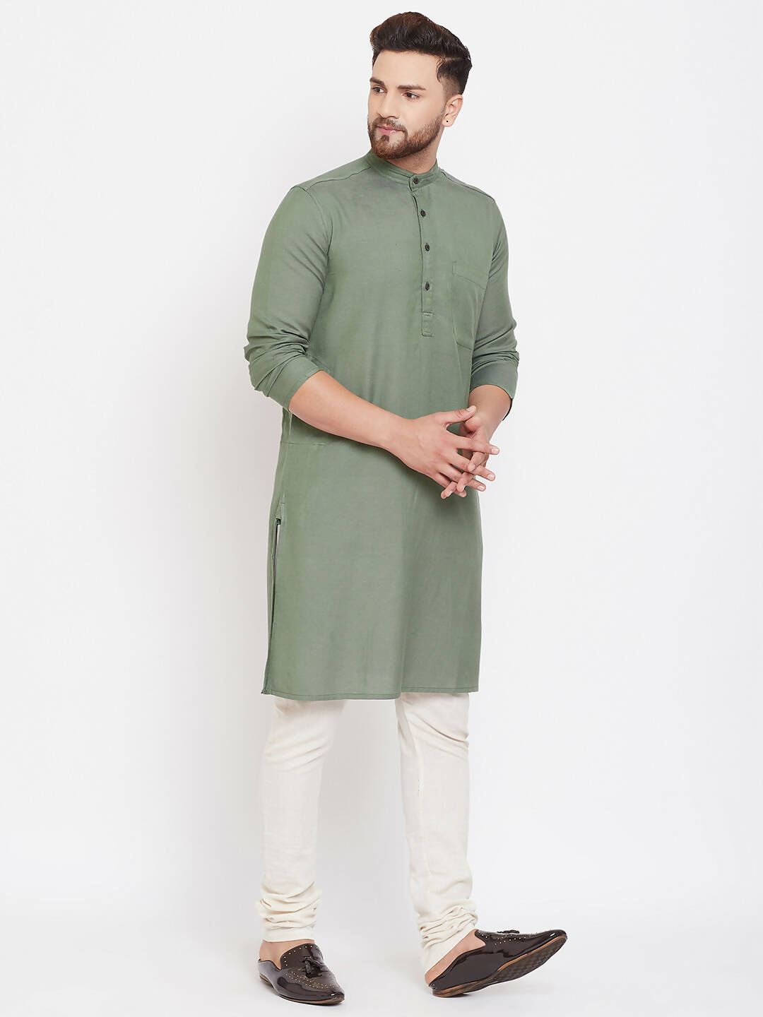 Even Apparels Green Color Linen Linen Men's Kurta With Band Collar 