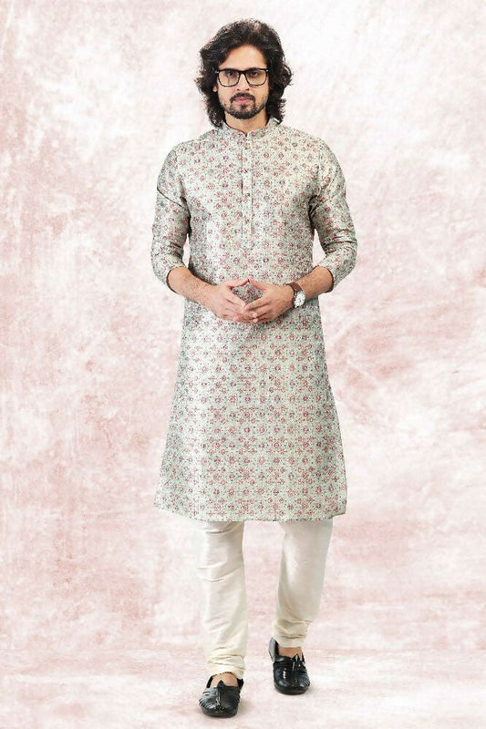 Raivat Ethnic Jacquard Banarasi Silk Digital Print Kurta Pajama In Pista Green Colour