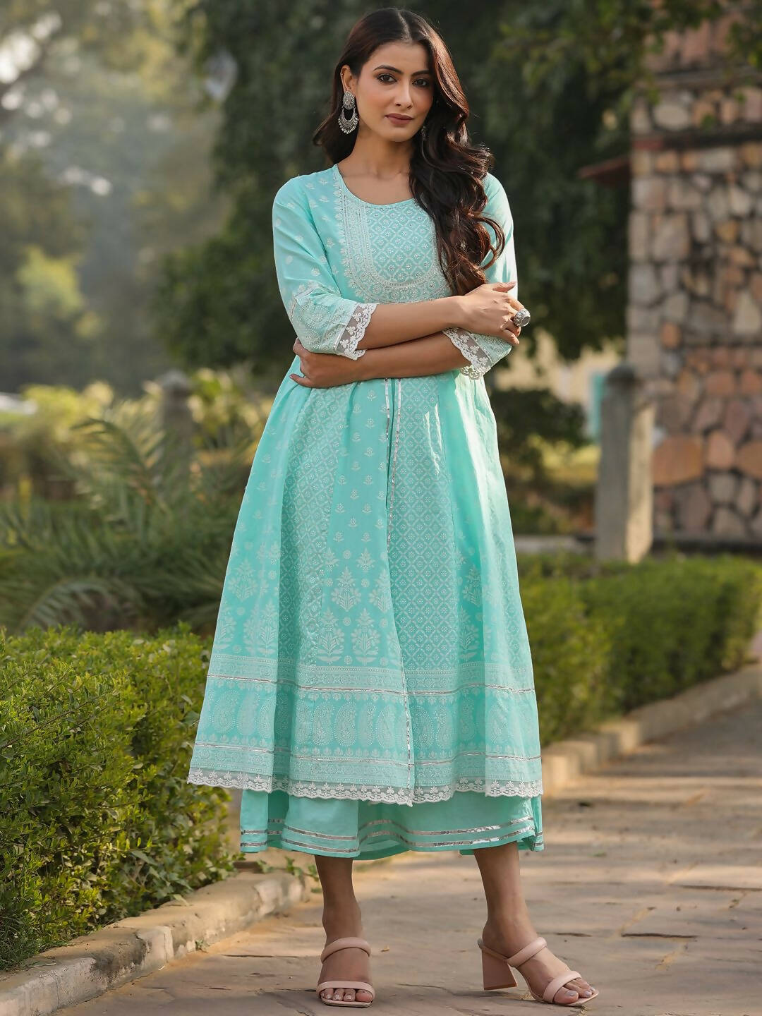 Juniper Women's Aqua Cambric Floral Printed Double Layered Kalidar Dress