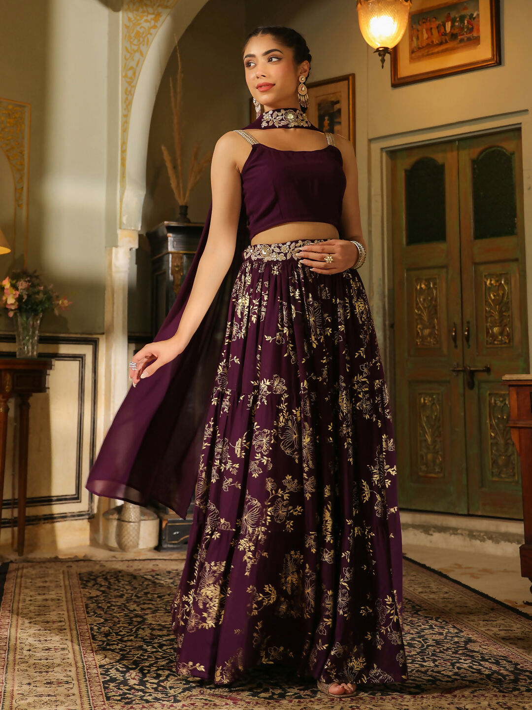 Janasya Purple Georgette Solid Lehenga Choli Dupatta 