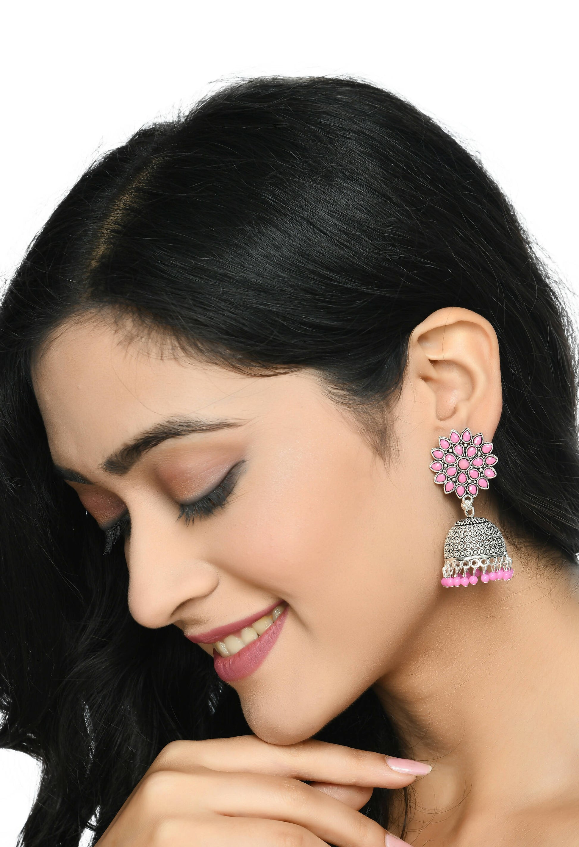 Mominos Fashion Joharkamal Kundan work Jhumka with Baby Pink Beads - Grab2buy