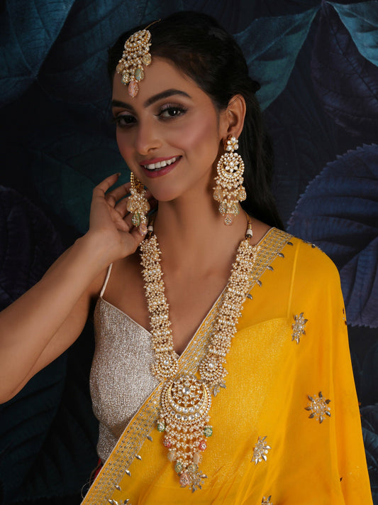 Long Kundan Neckpiece with Earrings & Maang Tikka with Multi Stones Jewellery Set (Gold) - Ruby Raang - Grab2buy