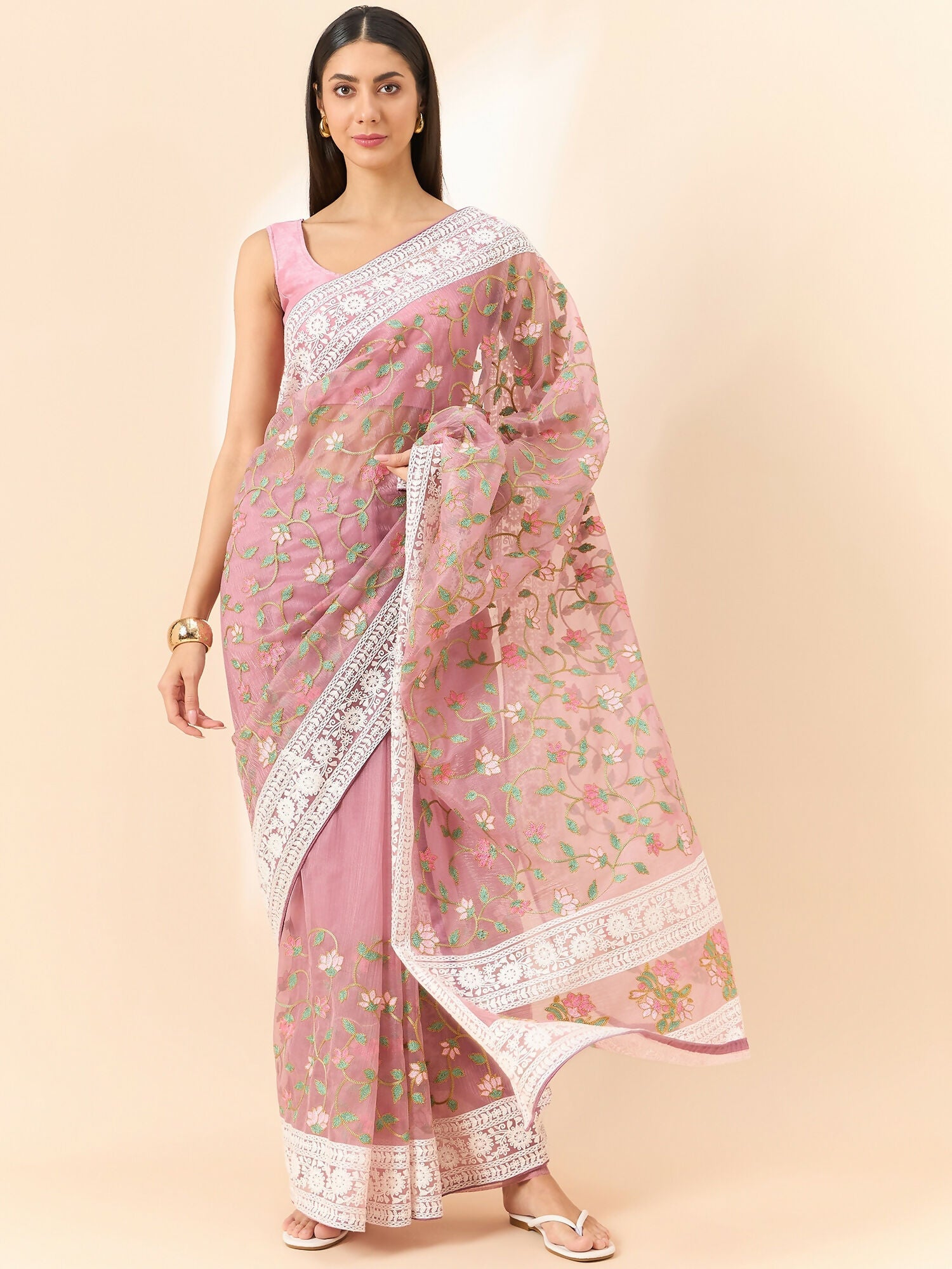 Pink Organza Floral Embroidered Saree with Unstitched Blouse Piece - Roozal