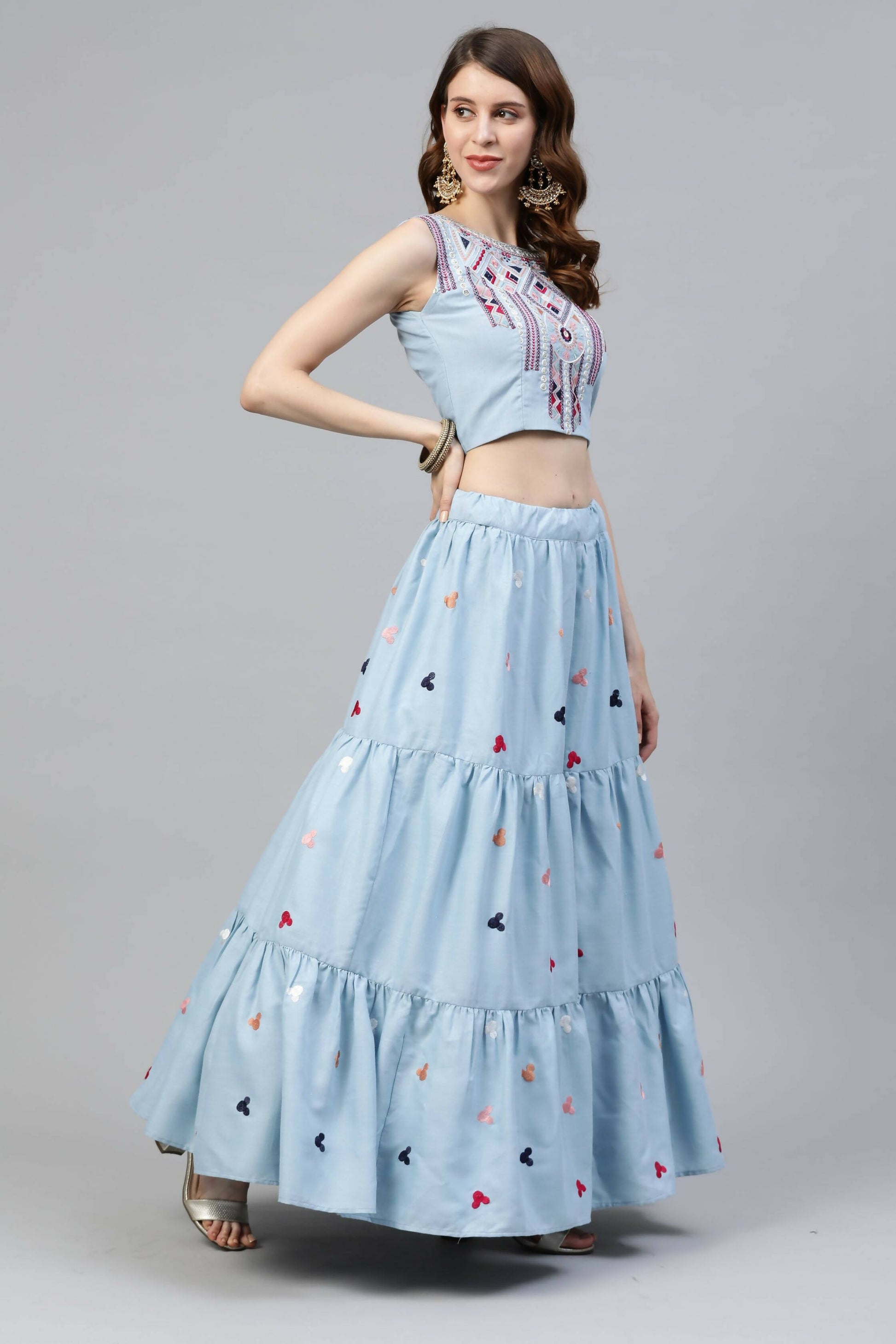 Sky Blue Cotton Embroidered Work Lehenga Choli with Dupatta - Jivika
