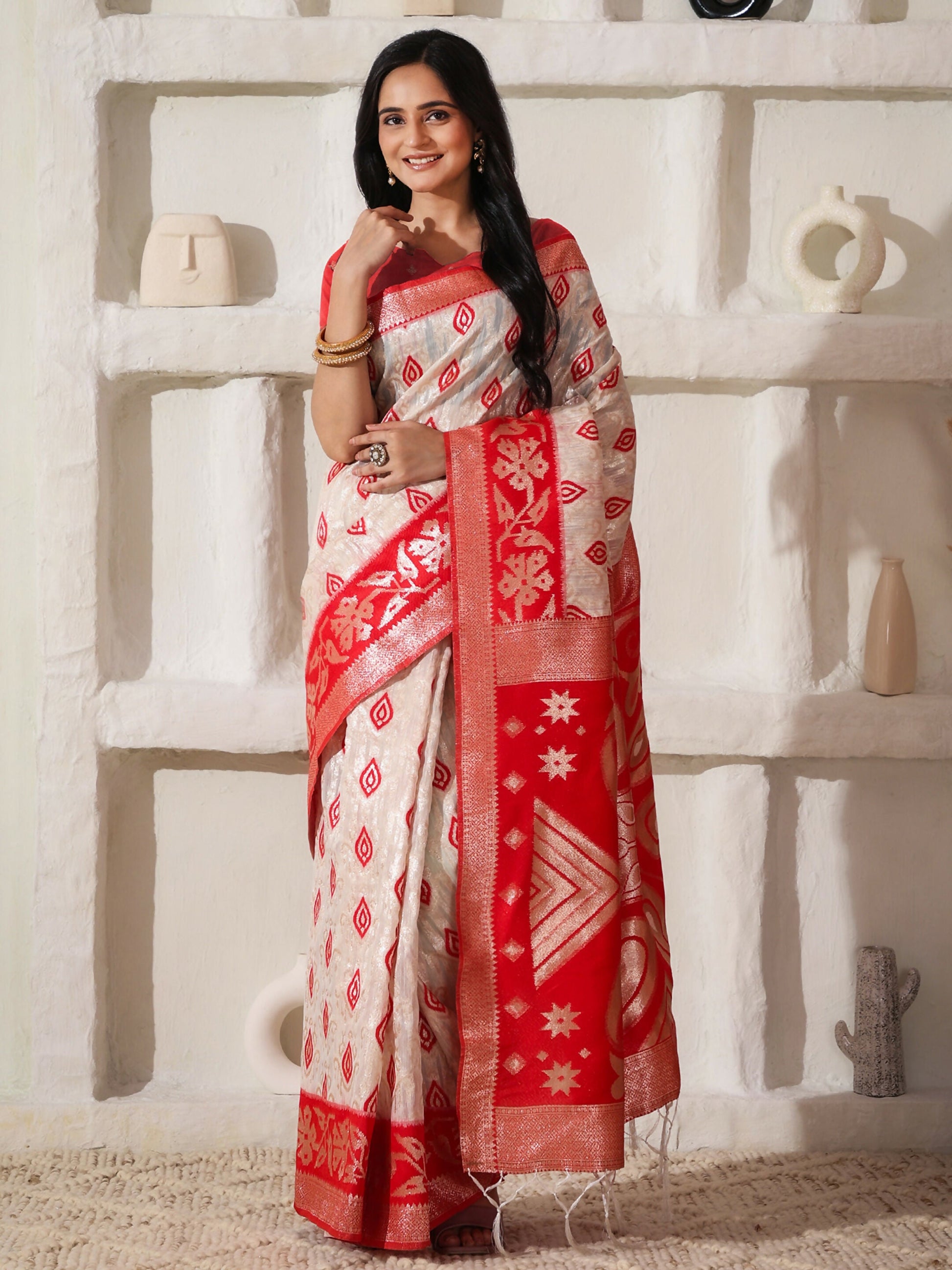 Shree Shyam Fashion Linen Cotton Red & White Saree