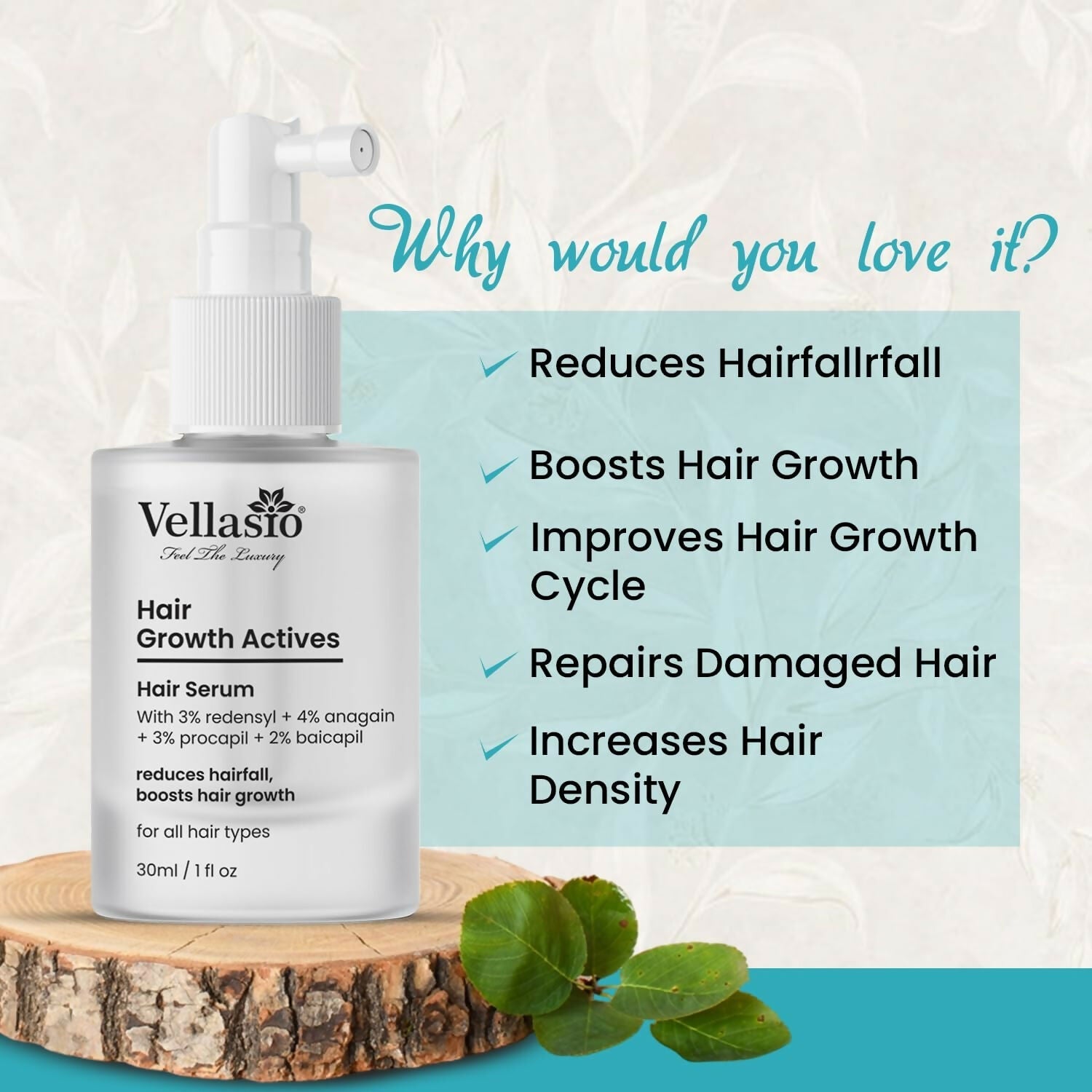Vellasio Hair Growth Serum Actives - 3% Redensyl, 4% Anagain, 3% Procaoil, 2% Baicapil  Grab2Buy Vellasio Grab2Buy