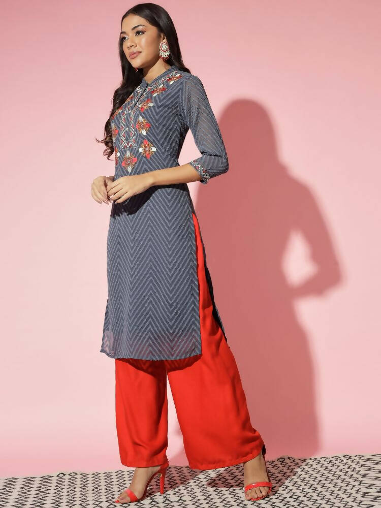 Myshka Women Grey Solid Georgette Straight V-Neck Kurtas