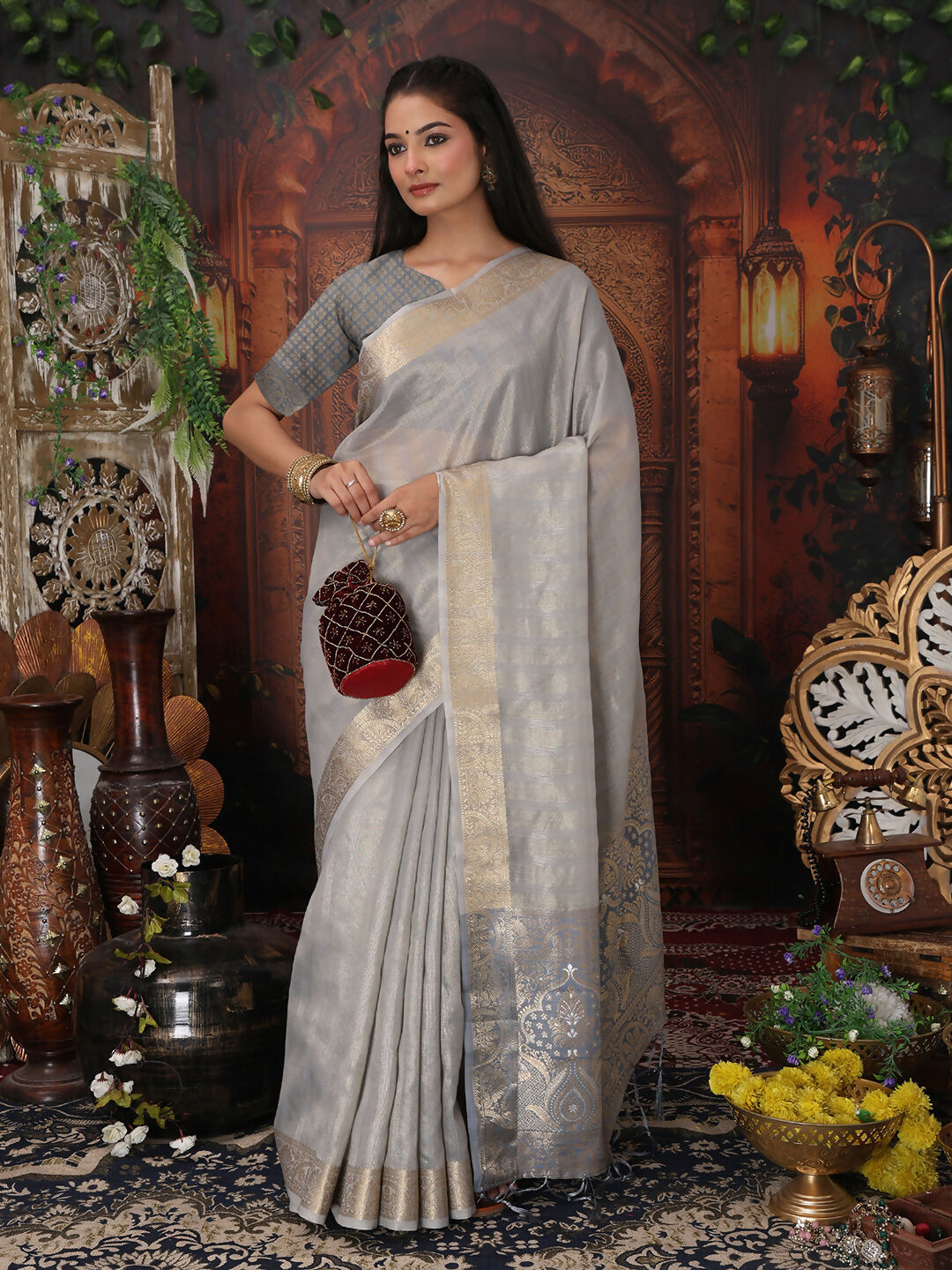 Shree Shyam Fashion Organza Gray Saree