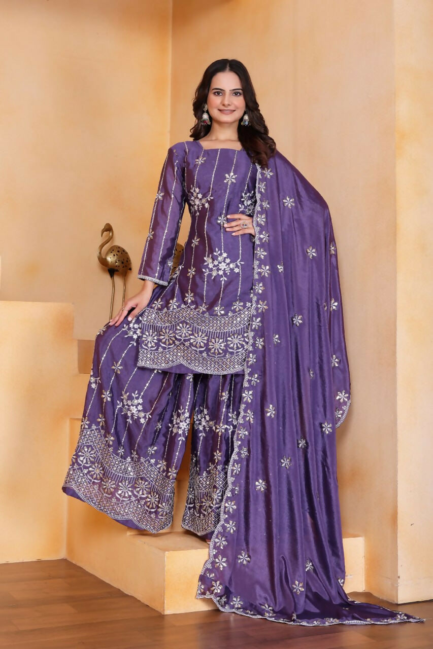 Teeya Creation Lavender Color Chinon Silk Wedding Wear Trending Palazzo Set