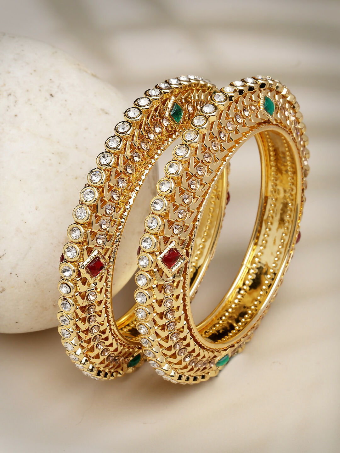 NVR Women's Set of 2 Gold-Polished Kundan Traditional Bangles 