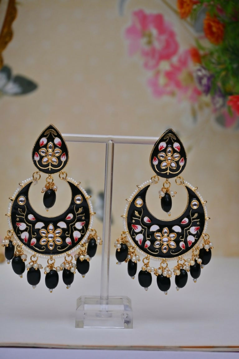 Black Gold-Polished Brass & Pearl Dangle Women Earrings| Hand Painted Meenakari Chandbali Traditional Ethnic Wear Earrings By House of Ree House of Ree