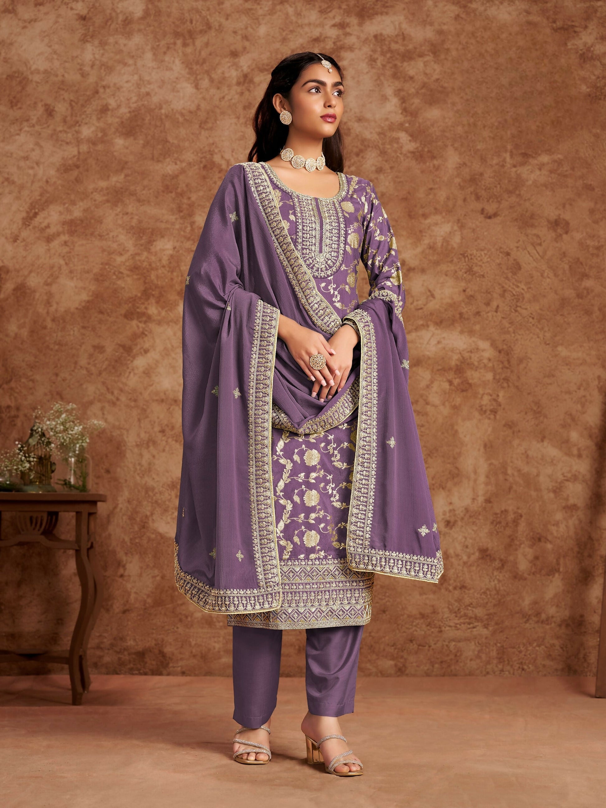 Anaita Purple Premium Dolla Jacquard Embroidered Stitched Salwar Suit