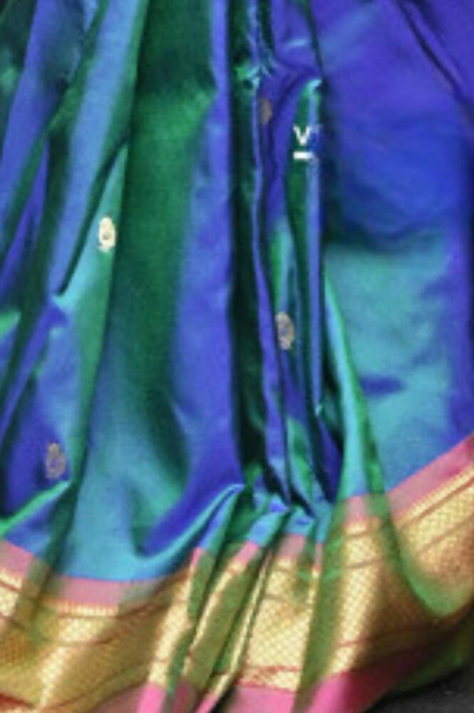 Very Much Indian Authentic Handloom Pure Silk Paithani Dual Tone Bluish Grey Green With Light Purple Border - Grab2buy