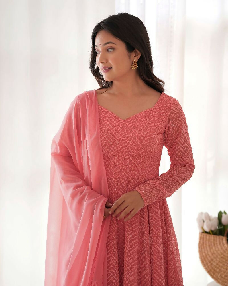 Joban Fashion Peach Kurta Set Georgette Sequence Embroidery Work 