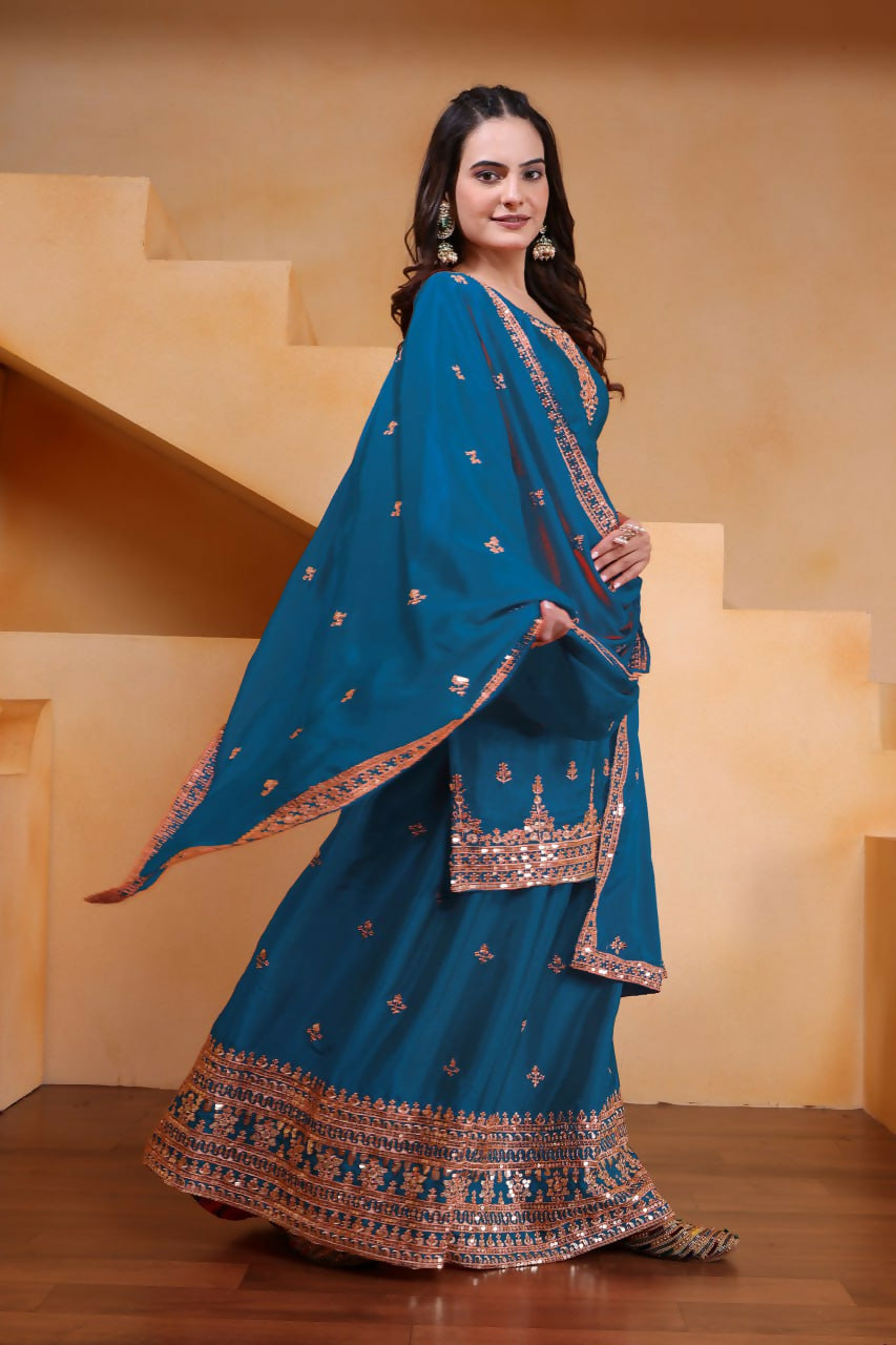 Joban Fashion Teal Silk Embroidered Sharara Set