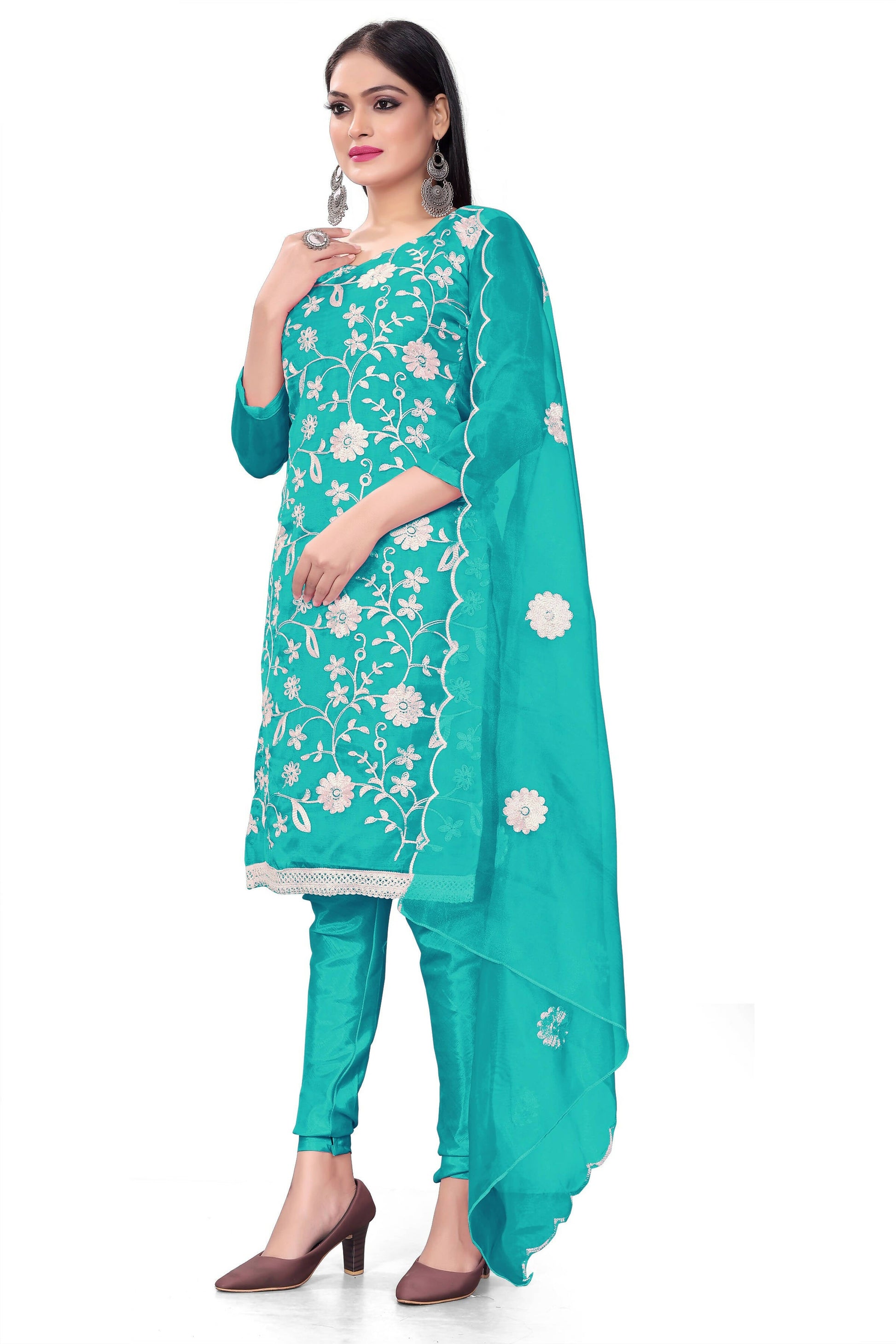 Sea Green Organza Silk Embroidered Work Unstitched Dress Material - Tanvi