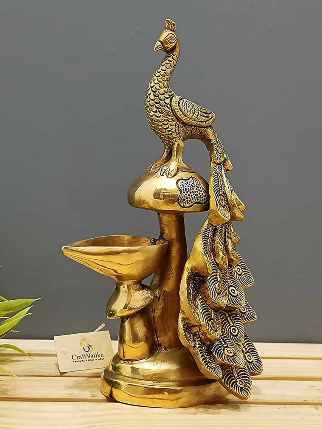 Craftvatika Gold-Toned Brass Diya Oil Lamp Peacock Hanging Diya 