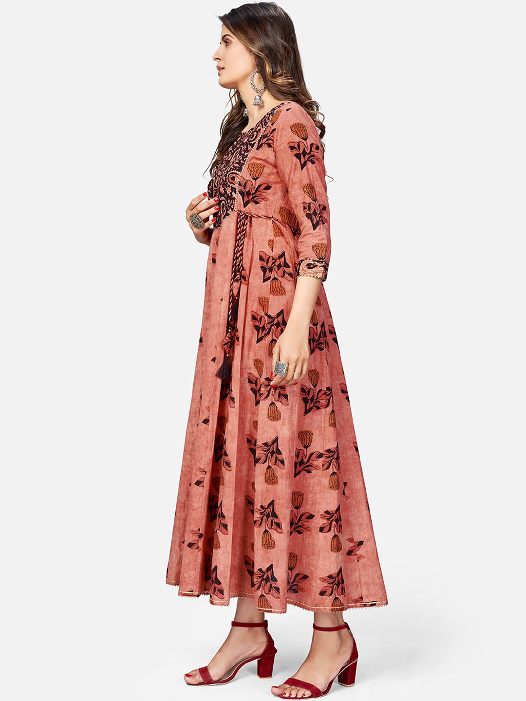 NOZ2TOZ Women's Printed & Hand Work Anarkali Cotton Brown Kurta (1Pc) 