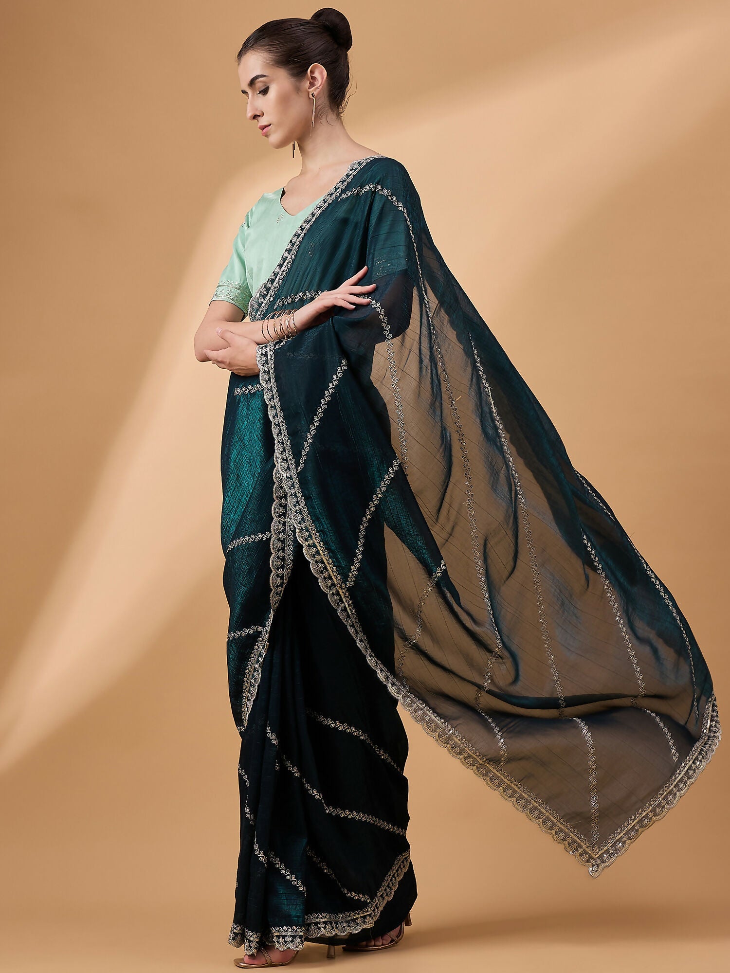 Blue Muslin Embroidered Saree with Unstitched Blouse Piece - Satya