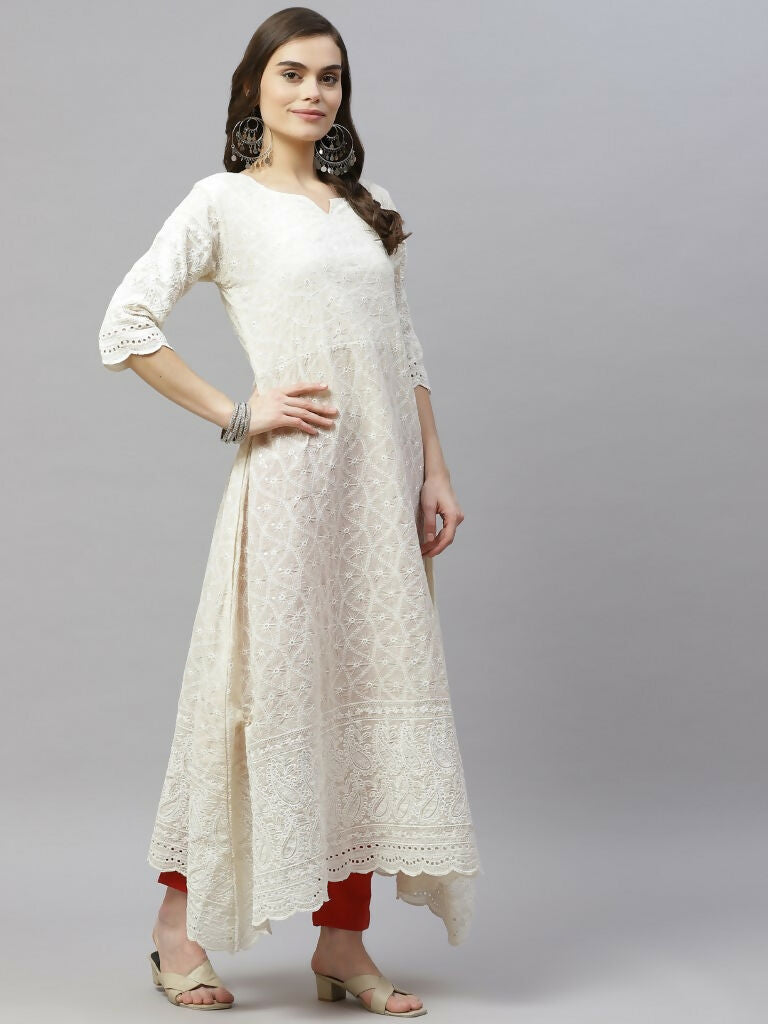 Miravan Women's Beige Embroidered Chikankari Kurta & Dupatta 