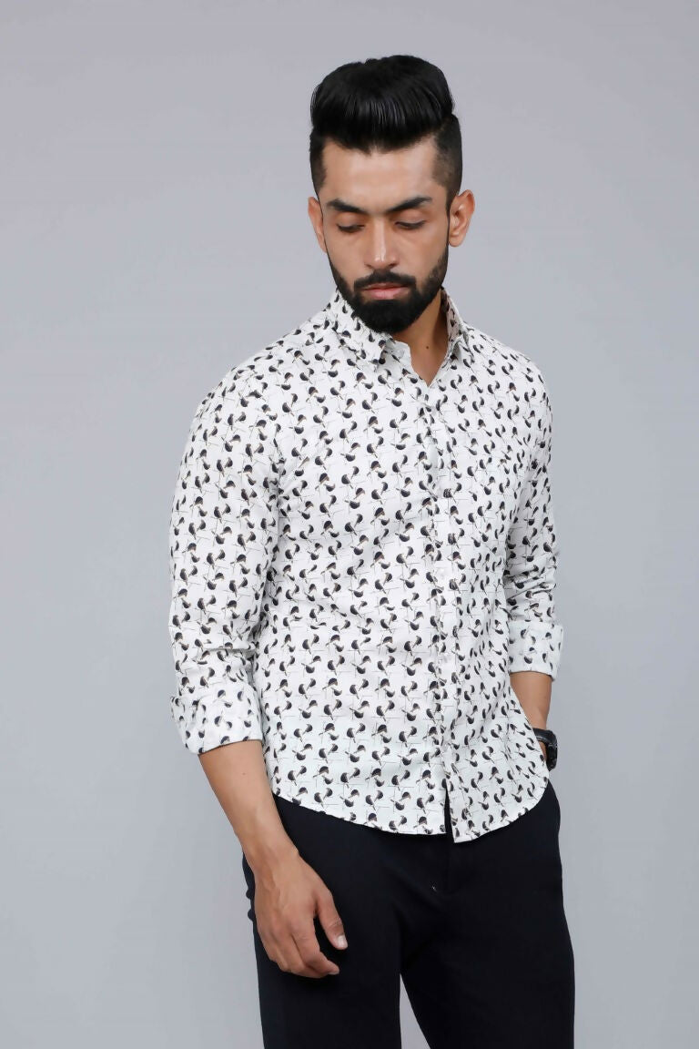 Miravan Men's White Spread Collar Bird Print Casual Shirt 