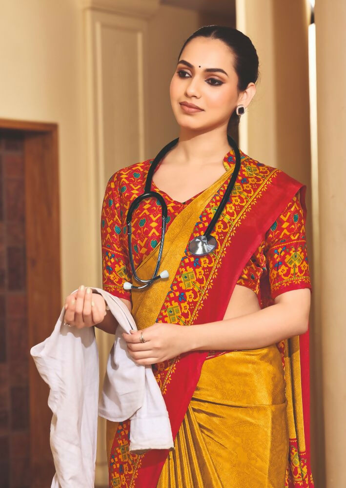 Joban Fashion Yellow Crepe Silk with Traditional Print Saree