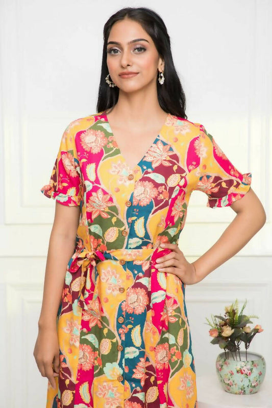 Myshka Women Multi - Abstract Rayon A-Line V-Neck Dress - Grab2buy