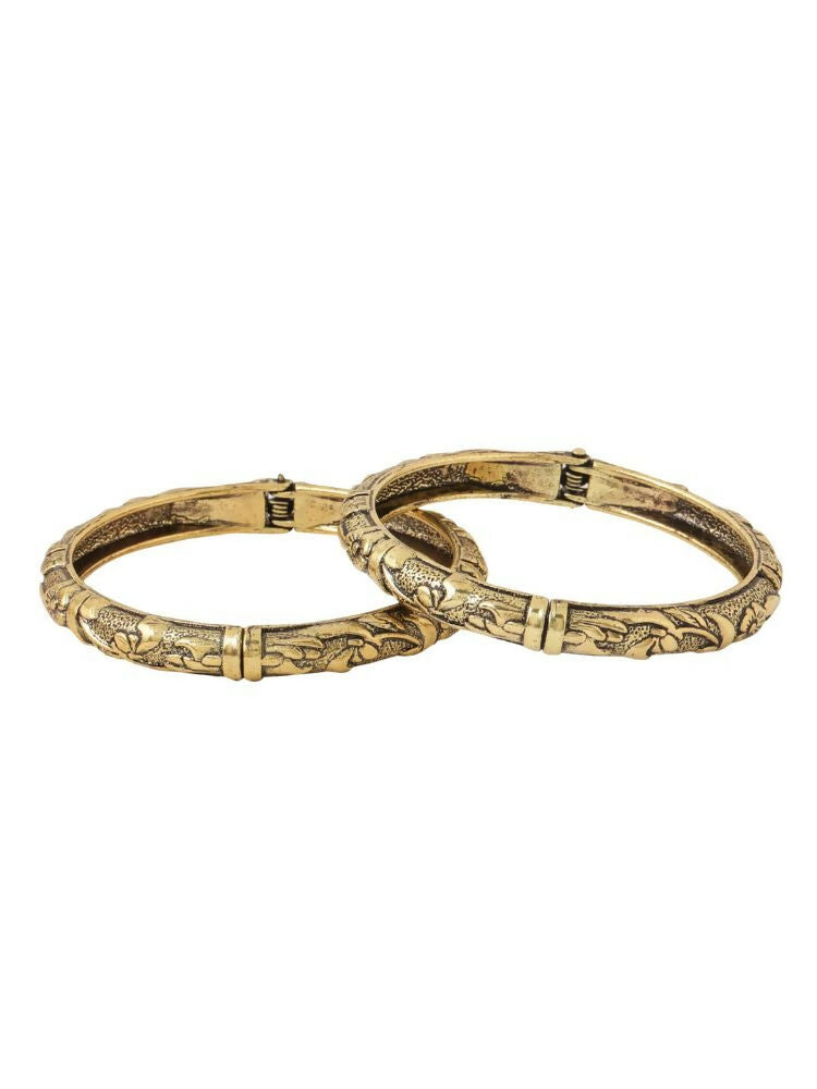 NVR Women Set of 2 Gold-Polished Floral Design Oxidised Bangles 