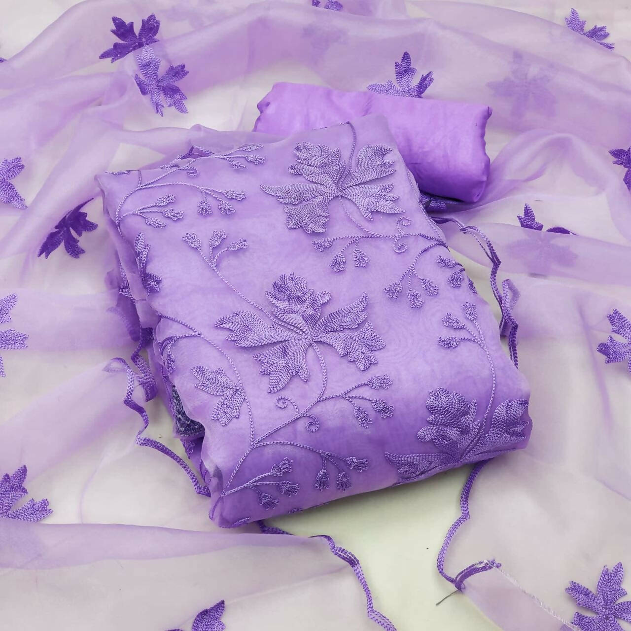Lavender Heavy Organza Silk Embroidered Unstitched Dress Material - Amara