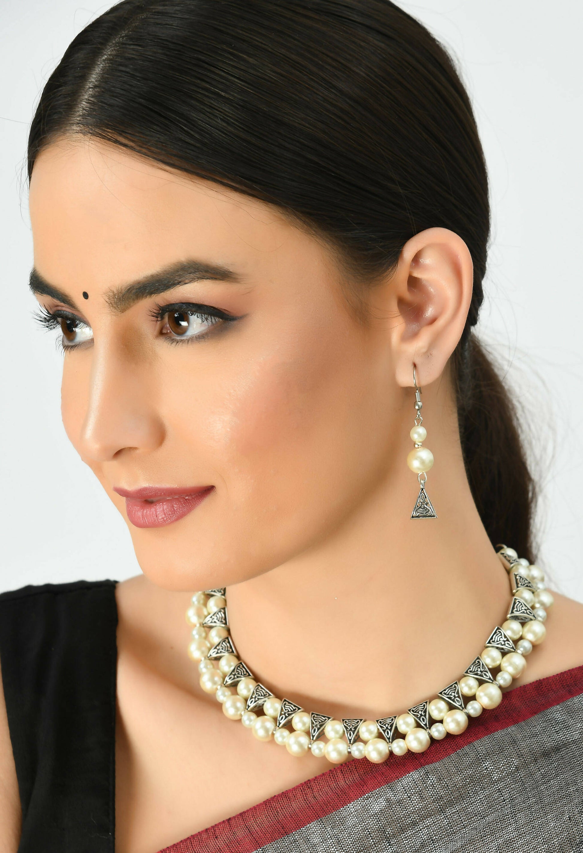 Mominos Fashion Johar Kamal Silver-Plated Brass Finish Pearls Work Choker For Women (White) - Grab2buy
