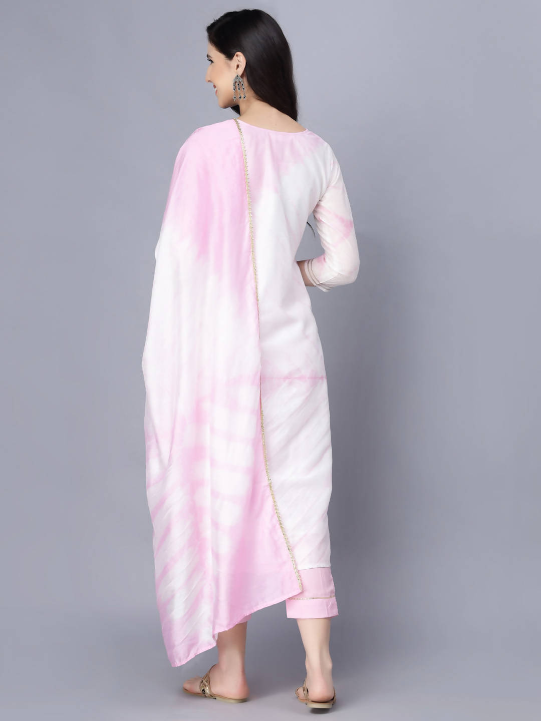Myshka Women Pink Striped Empire Kurti with Trousers With Dupatta