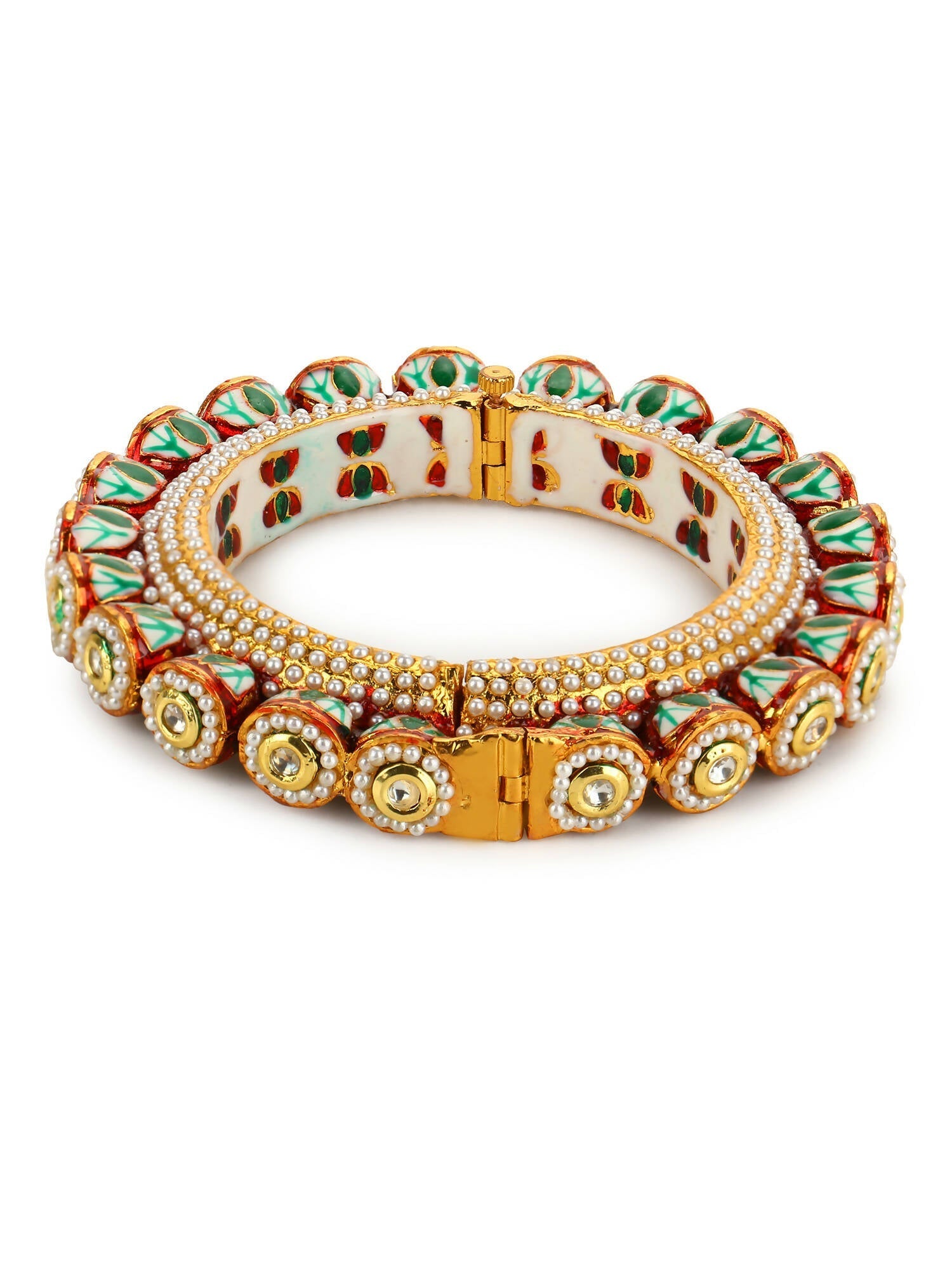 Gold-Polished Green Kundan-Studded Bangle - Ruby Raang 