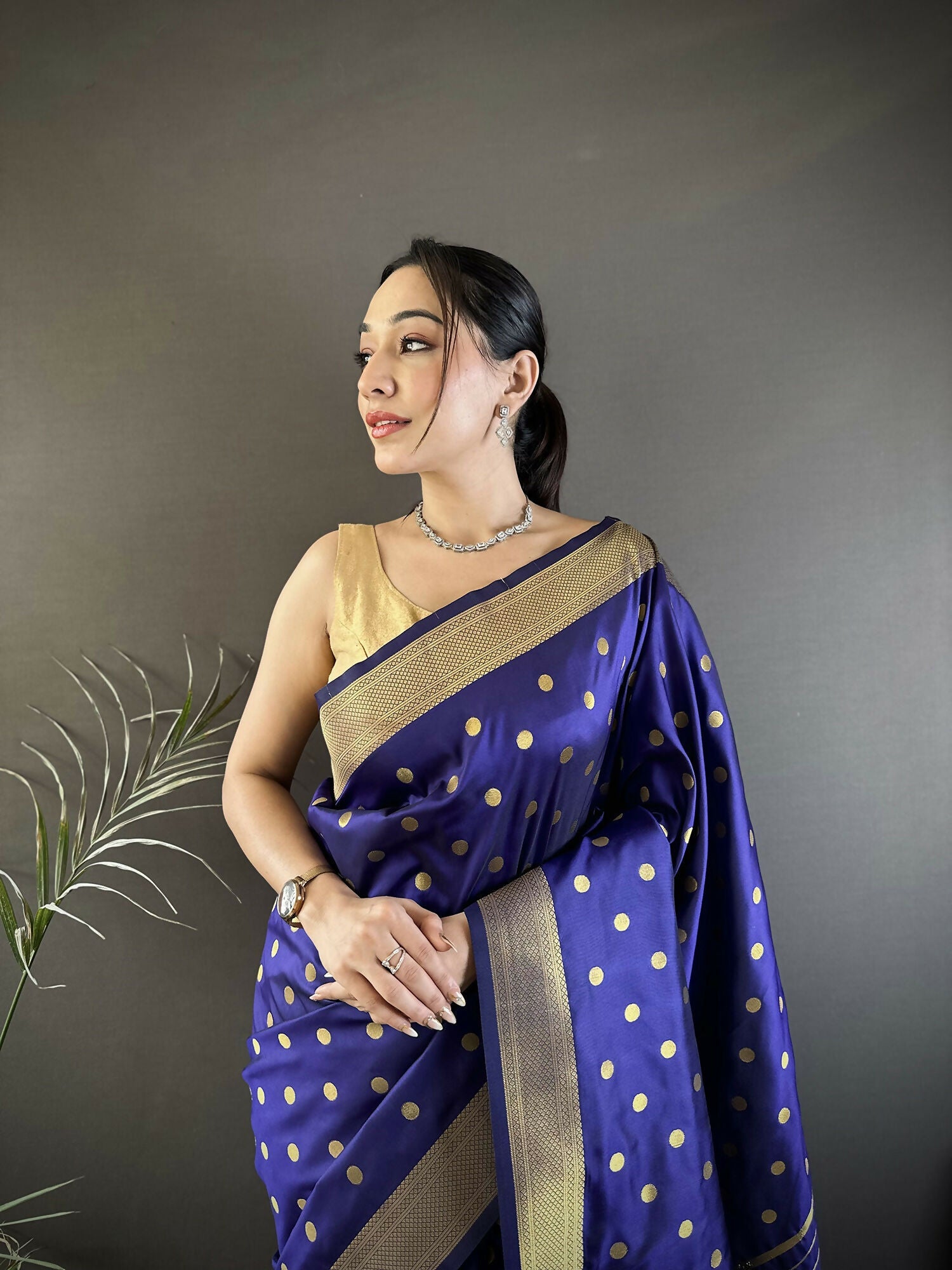 Joban Fashion Royal Blue Polka Dot Lichi Silk Paithani Silk Saree