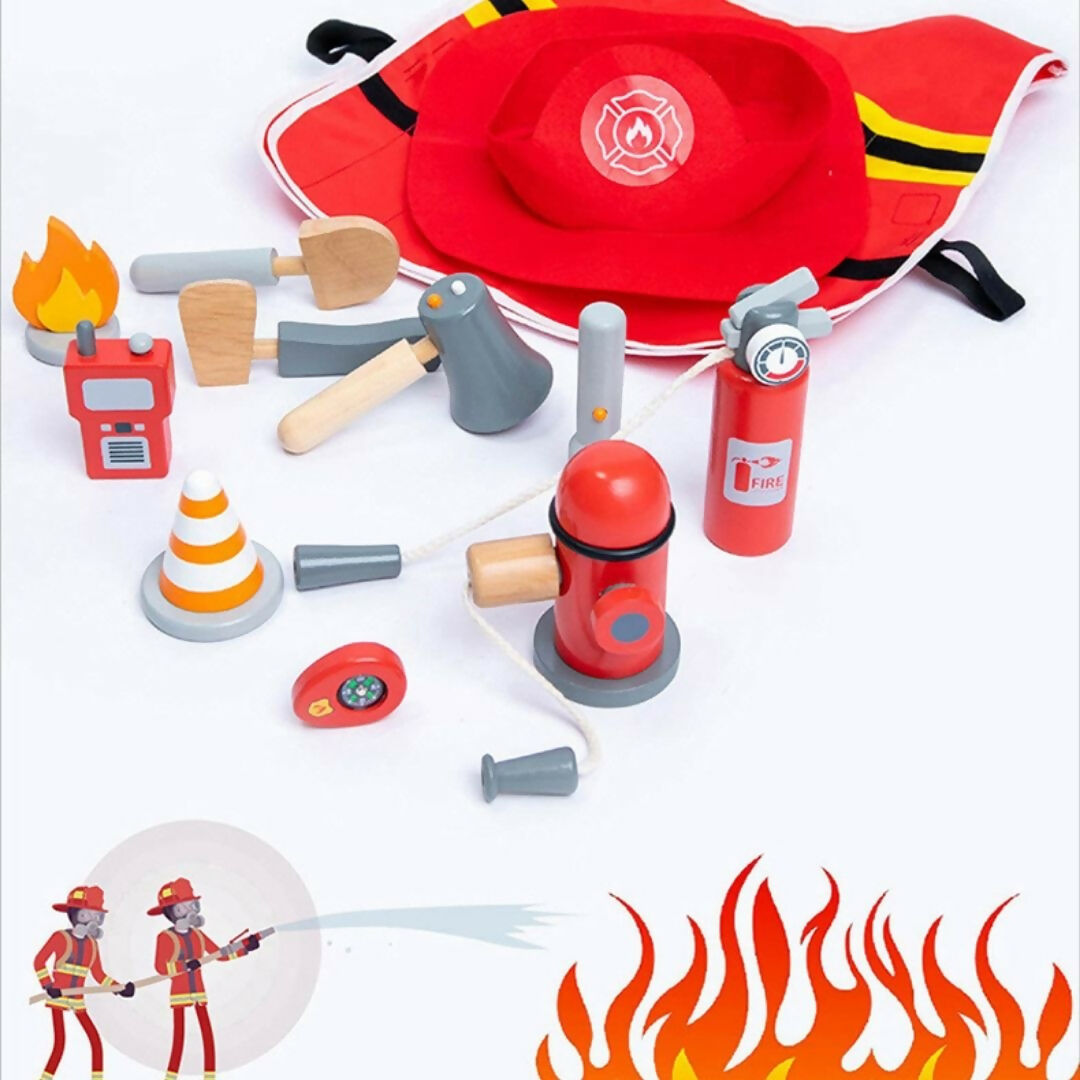 Nesta Toys Wooden Firefighter Pretend Play Toy with Fireman Costume Kit (14 Pcs)