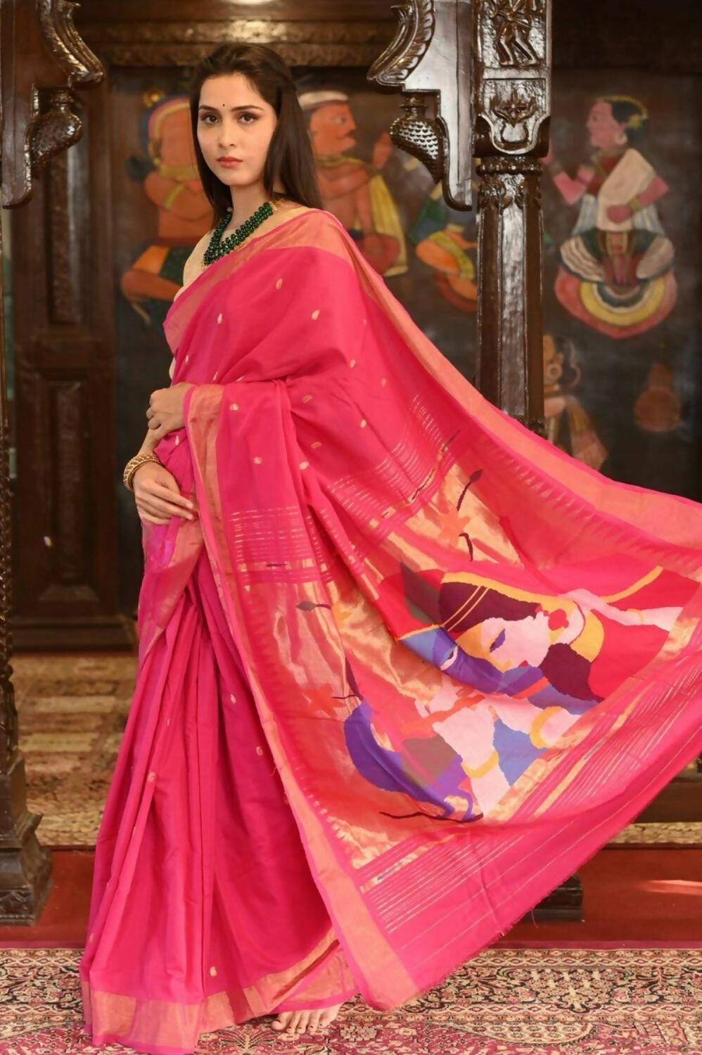 Very Much Indian Handloom Pure Cotton Paithani Radhakrishna Pallu-Rani Pink 