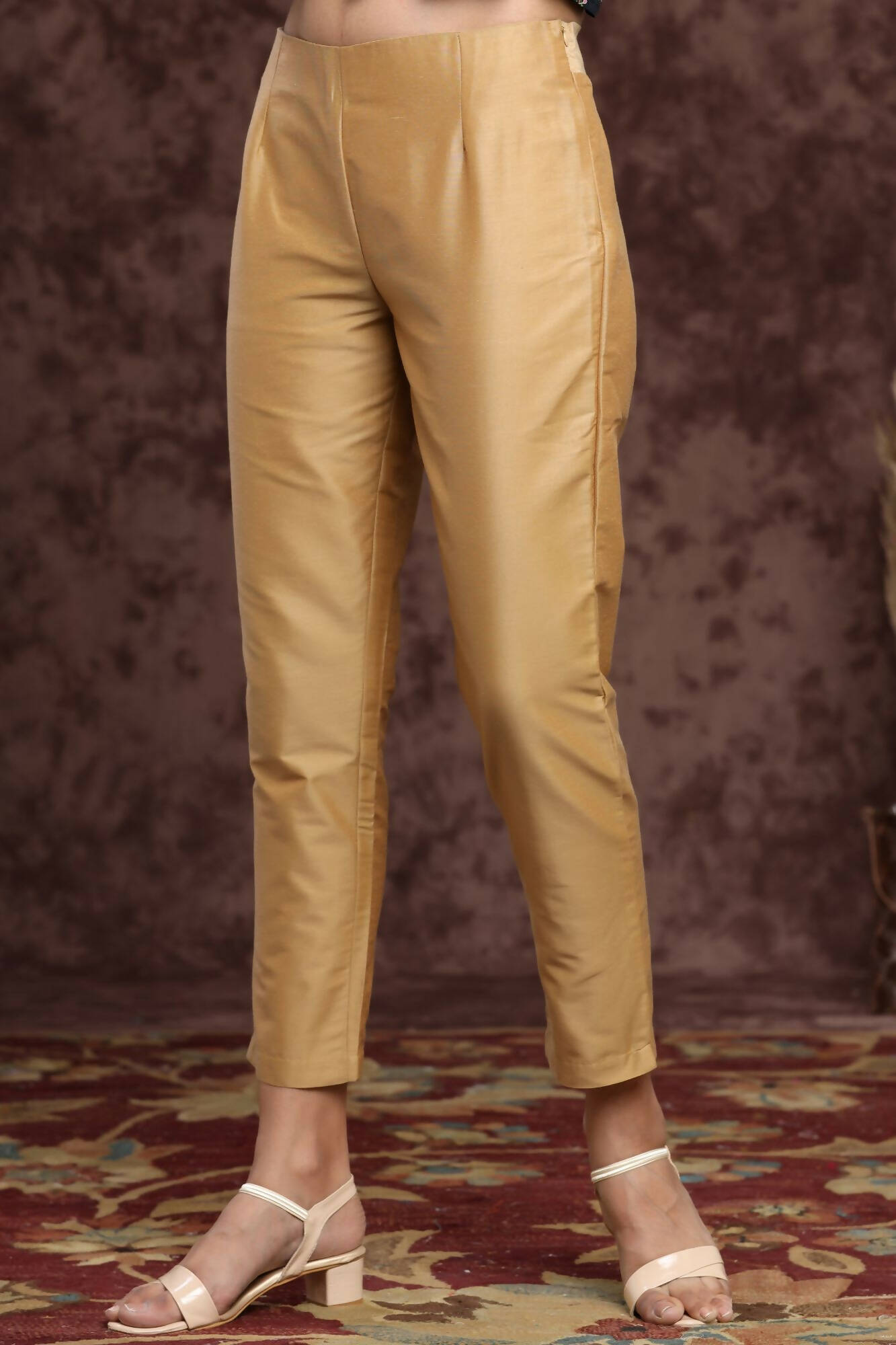 Juniper Women Gold Poly Silk Solid Slim Fit Pant/Slim Pant