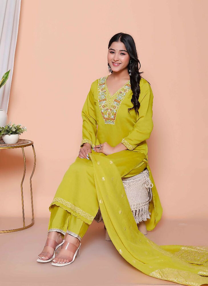 Miravan Womens Muslin Yellow Kurta And Palazzo With Dupatta Set