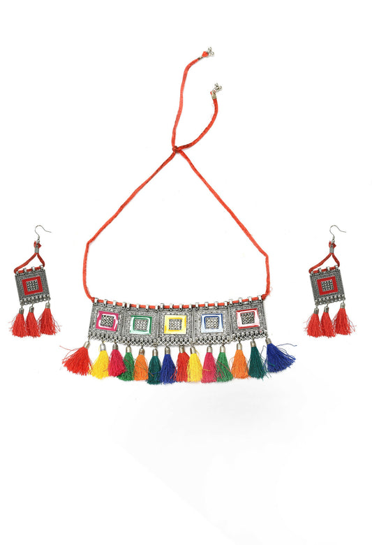 Mominos Fashion Johar Kamal Oxidised Silver-Plated Brass Finish Tassel Work Handicraft Choker For Women (Multi) - Grab2buy