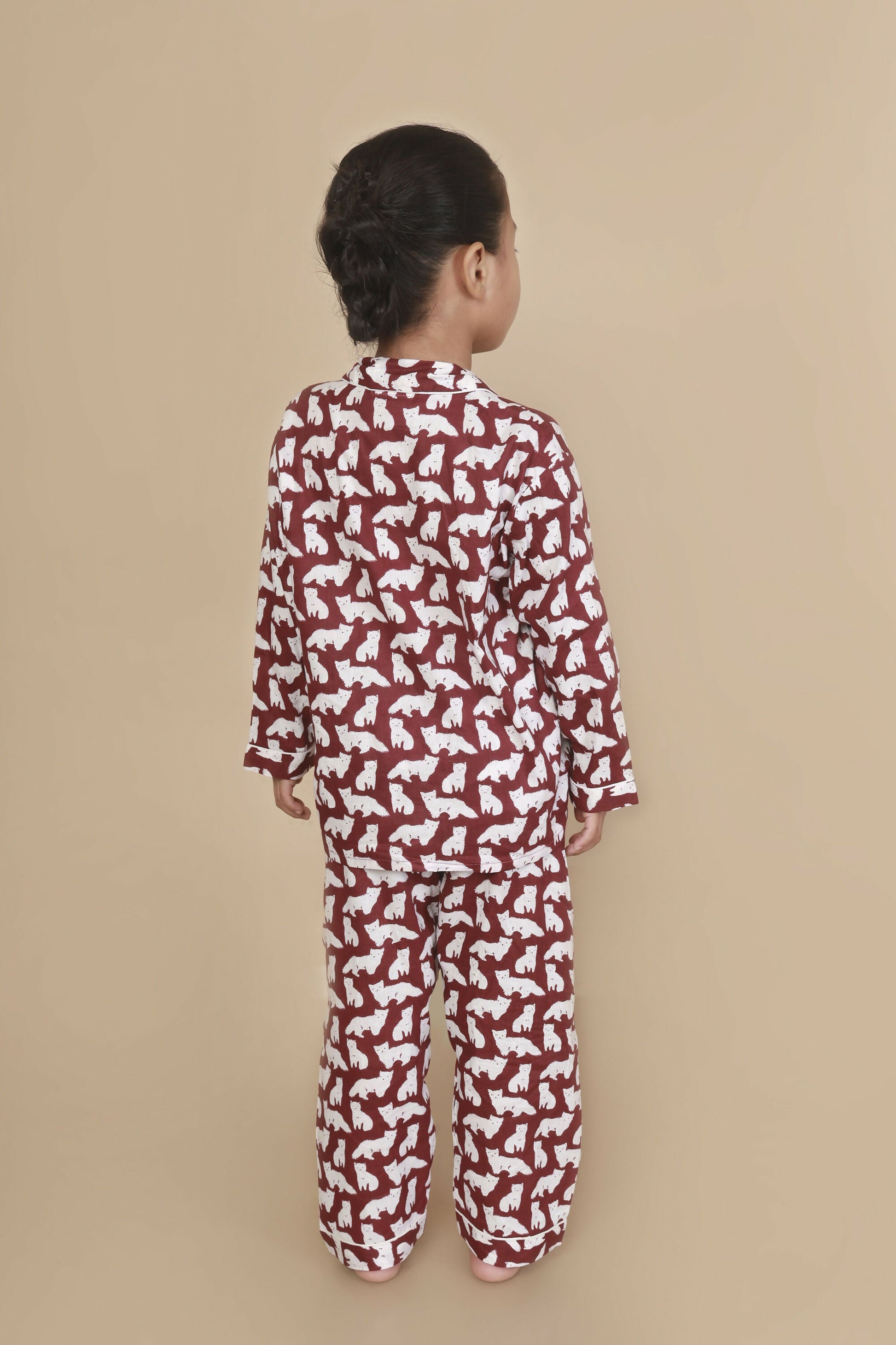 Breathables Kids Cotton Night Suit – Maroon Cat Print Shirt & Pyjama Co-Ord Set For Boys & Girls